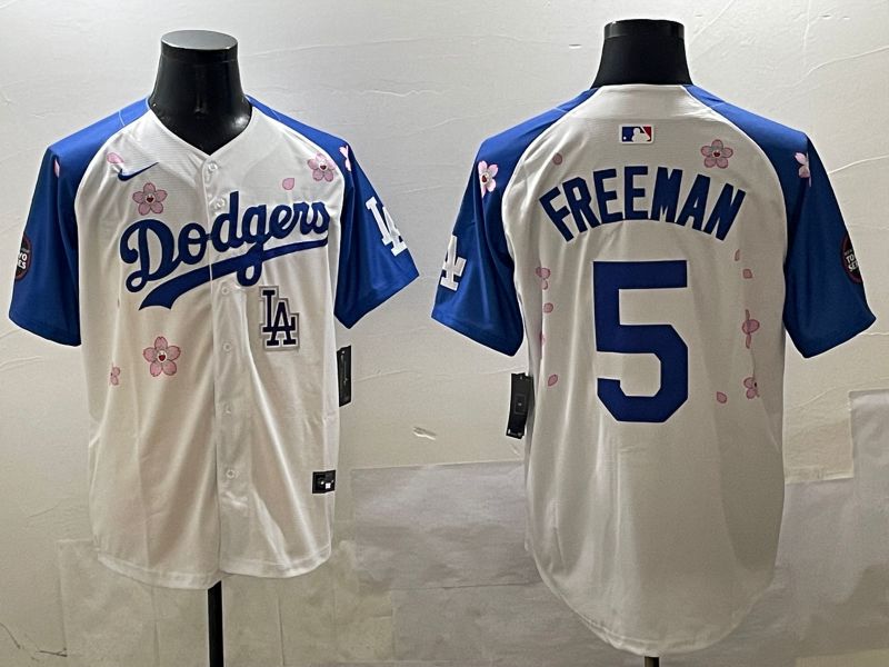 Men Los Angeles Dodgers #5 Freeman White Blue Sakura Edition 2025 Nike MLB Jersey style 9